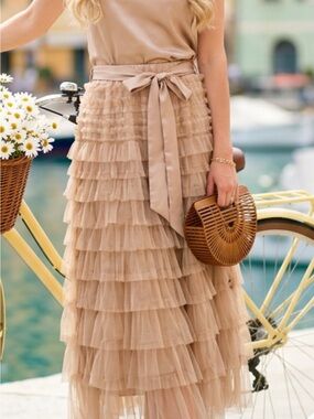 Tiered Ruffle Maxi Skirt with Satin Tie in Beige